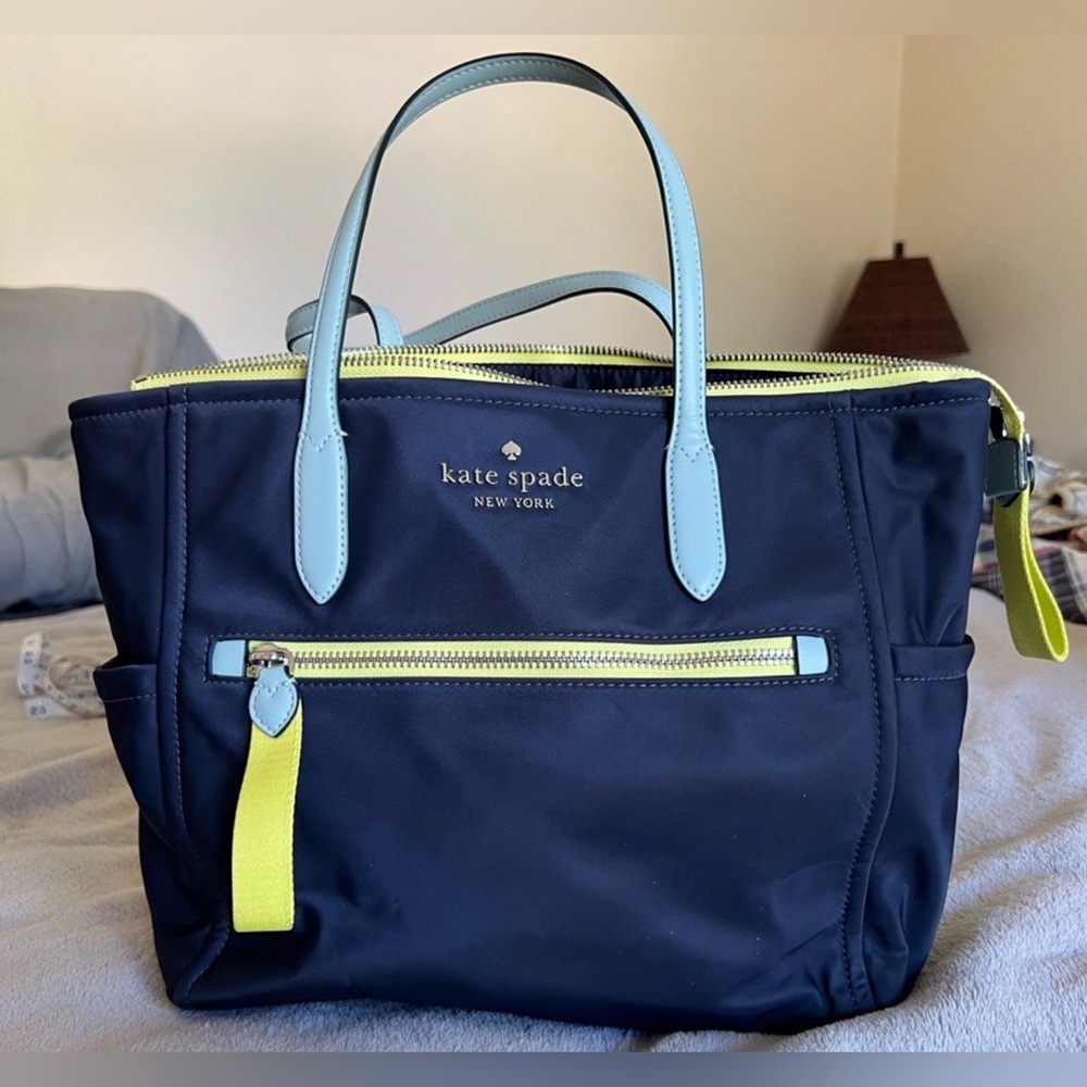 Kate Spade Nylon Chelsea Satchel Navy Blue Yellow Bag Medium